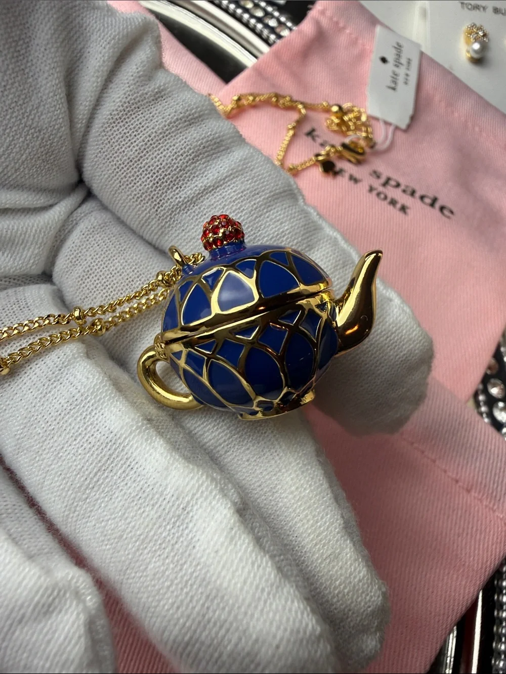 kate spade Gold-Tone Necklace with Blue Enamel Teapot and Red Accent